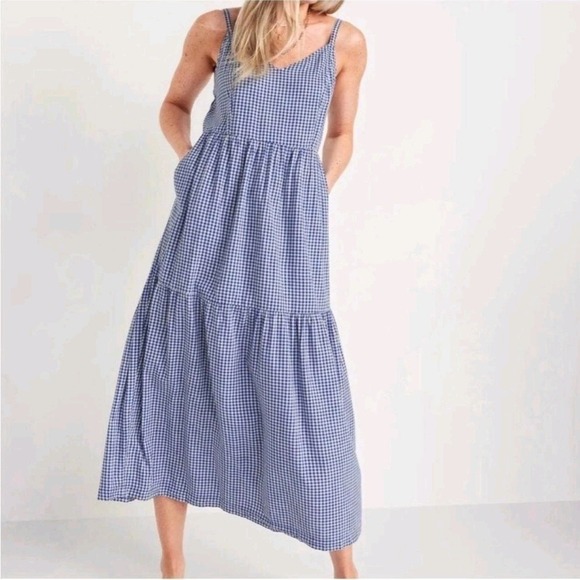 Old Navy Dresses & Skirts - Old Navy Blue White Gingham Midi Dress Womens Medium Cotton Rayon Tiered Strappy